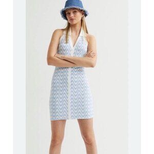H&M DIVIDED collar Halterneck white /baby blue knit open back mini Dress XS